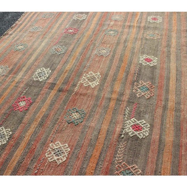 Mid 20th Century Colorful Vintage Hand Woven Turkish Flat-Weave Kilim Rug With Striped Geometric Design For Sale - Image 5 of 13