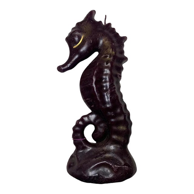 Vintage Large Mid Century Solid Wax Seahorse Candle Dark Purple With Gold For Sale