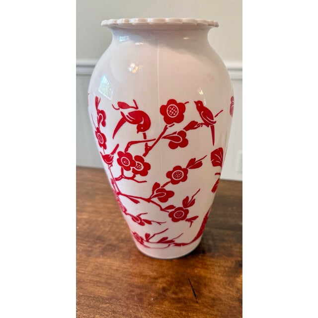 1940s 1940s ‘ Birds and Cherry’ Blossom Milk Glass Vase For Sale - Image 5 of 11