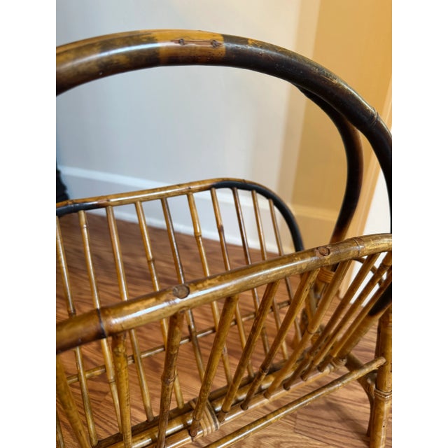 Coastal Tortoise Shell Bamboo & Rattan Arched Handle Collapsible Magazine Rack For Sale - Image 9 of 11