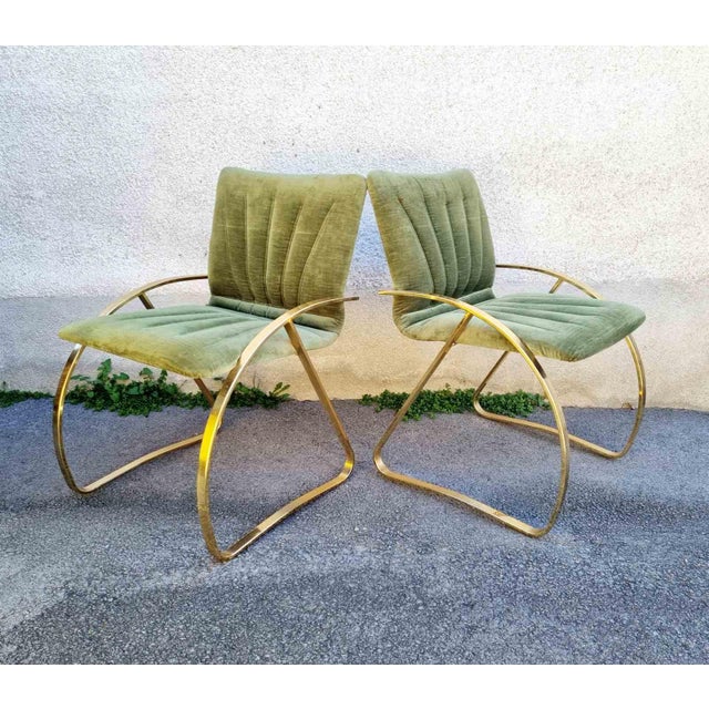 Italian Modern Brick Green Velvet and Gold Chromed Metal Chairs, 1970s, Set of 2 For Sale - Image 6 of 15