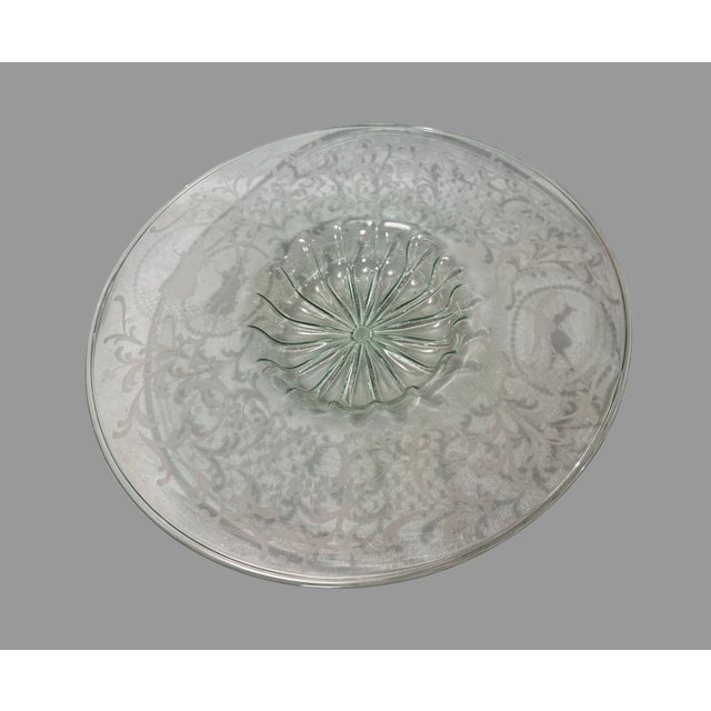 Glass Vintage Light Green Depression Glass 17.5" Charger Bowl With Etched Silhouettes For Sale - Image 7 of 8