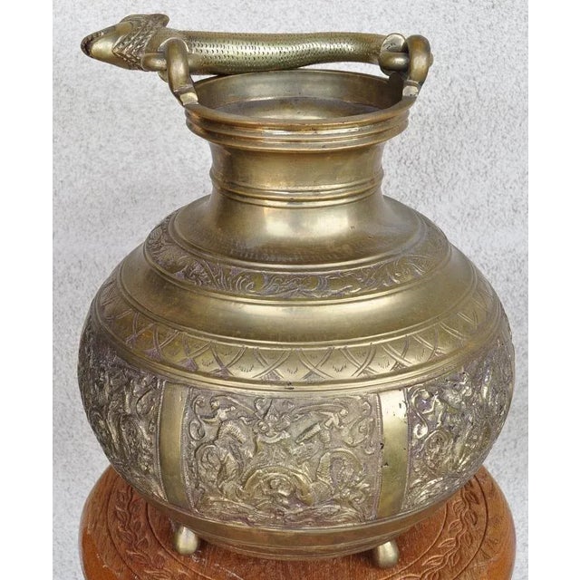 Antique Indian or Sri Lankan Brass Ceremonial Temple Water Vessel With Relief Art and Leopard Form Handle For Sale - Image 12 of 12