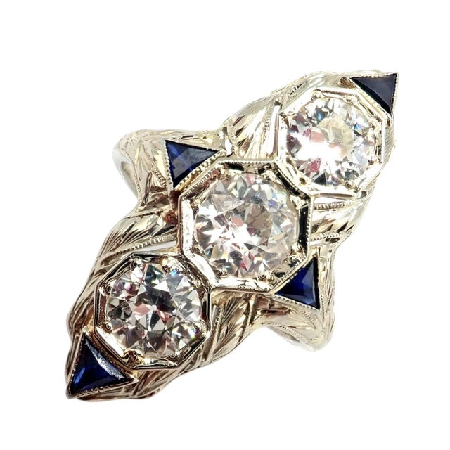 Vintage Estate White Gold Diamond Sapphire Art Deco Ring, Size 7 For Sale - Image 10 of 11