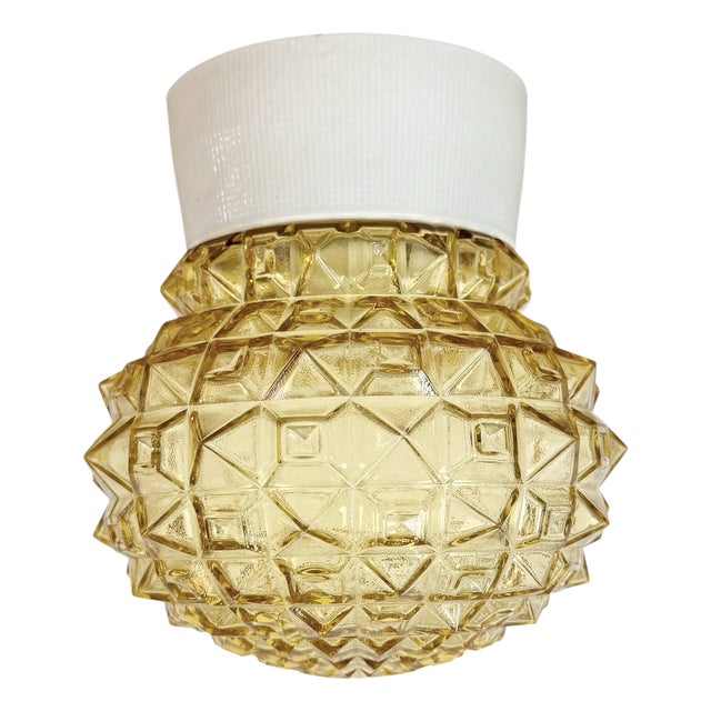 Vintage White Porcelain and Glass Ceiling Light, 1970s For Sale