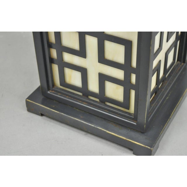 Metal Late 20th Century Contemporary Chinoiserie Stained Glass Brushed Metal Fretwork Design Table Lamp For Sale - Image 7 of 12