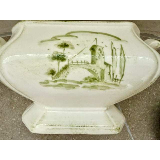 Soup tureen and lid in ‘Borgo Antico’ by Vietri of Italy, olive green landscapes with buildings hand painted an off white...