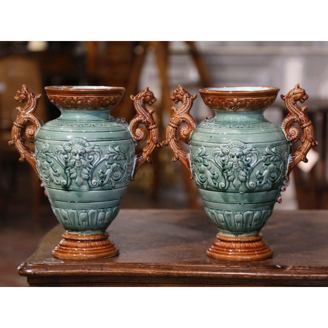 Pair of 19th Century French Barbotine Majolica Vases With Pears For Sale - Image 9 of 11