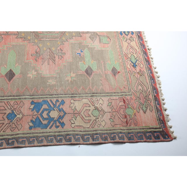 Semi-Antique Caucasian Sumak Kilim – Handwoven Tribal Flatweave With Medallion and Geometric Borders -6' 2'' X 10' 6'' For Sale - Image 4 of 13