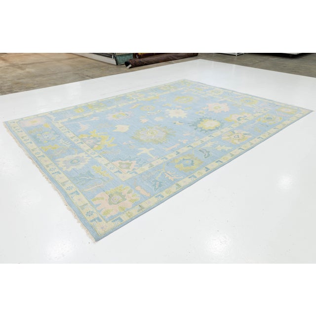 Modern Oushak Style Hand-Knotted Wool Area Rug - Powder Blue & Citron Floral For Sale - Image 9 of 10