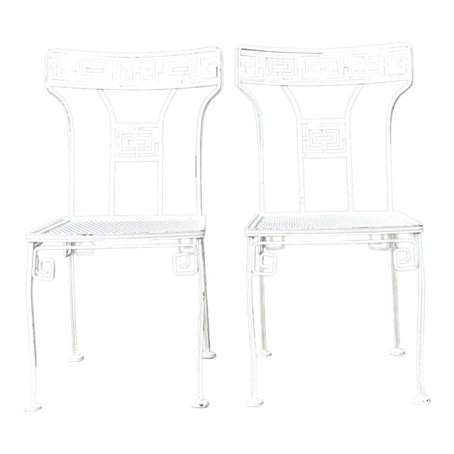 Vintage Salterini Greek Key Wrought Iron Dining Chairs, Attributed - A Pair For Sale
