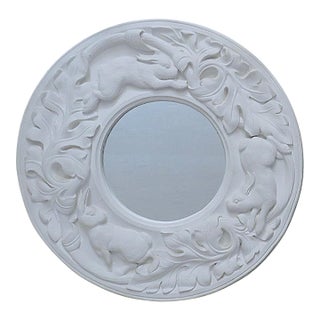 22.5" Round White Wall Mirror Bunny Rabbits & Acanthus Leaves For Sale