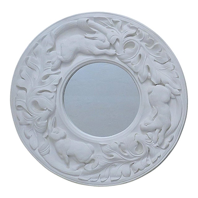 22.5" Round White Wall Mirror Bunny Rabbits & Acanthus Leaves For Sale