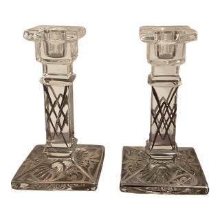 Vintage Glass Candle Sticks With Silver Overlay Design- a Pair For Sale
