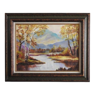 Late 20th-Century Idealization Landscape Autumn Birch River & Mountain Oil Painting – Signed Ayj For Sale