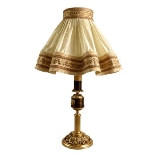 French Empire Style Table Lamp with Lion Heads Gilded Bronze and Pleated Silk Shade, 1960s For Sale