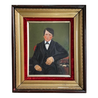 19th C. American School Hersey Family Portrait Painting of Young Boy in Gilt Frame For Sale