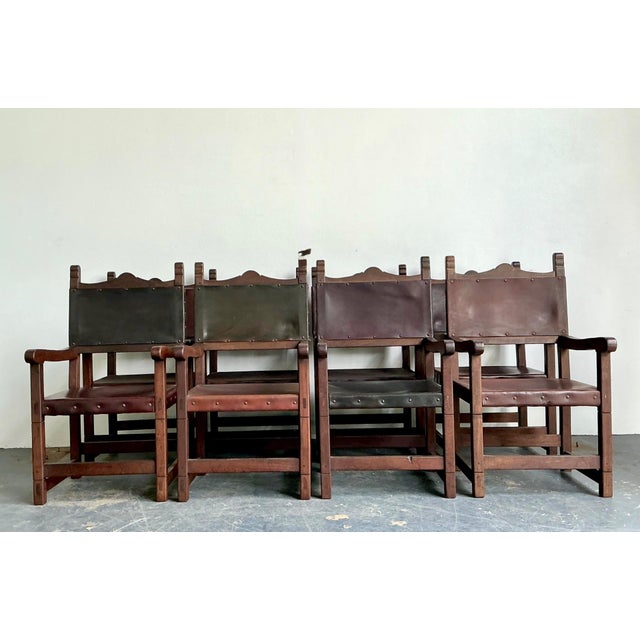 Vintage Spanish Leather and Wood Armchairs - Set of 6 For Sale - Image 14 of 14