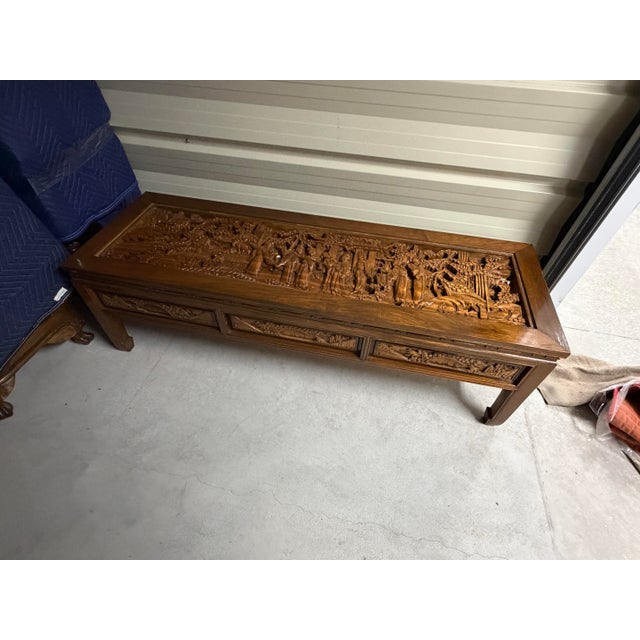 Vintage Mid-Century South East Asian Hand-Carved Teak Coffee Table - Detailed Relief Scene For Sale - Image 9 of 9