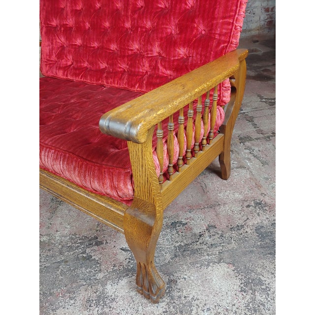 1900 - 1909 1900s Vintage American Oak Antique Morris Settee With Red Velvet Cushions For Sale - Image 5 of 8