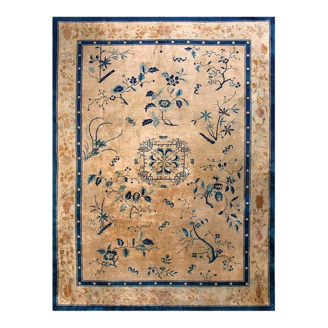 Beautiful Floral Design and Sand Background Color Antique Chinese Art Deco Rug For Sale