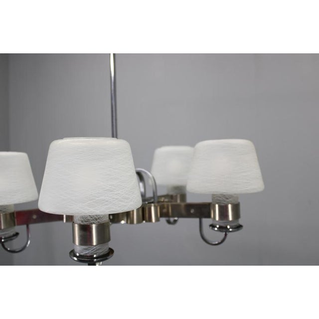 White Art Deco Nickel Chandelier with Textured Glass, Czechoslovakia, 1930s For Sale - Image 8 of 17