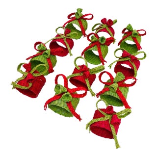 Vintage Wicker Christmas Red & Green Napkin Rings Each With Bow & Bells Set of 12 For Sale
