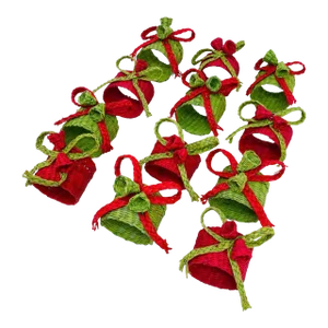 Vintage Wicker Christmas Red & Green Napkin Rings Each With Bow & Bells Set of 12
