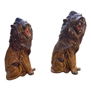 Mid 20th Century Ceramic Lion Sculpture a Pair Life Size For Sale
