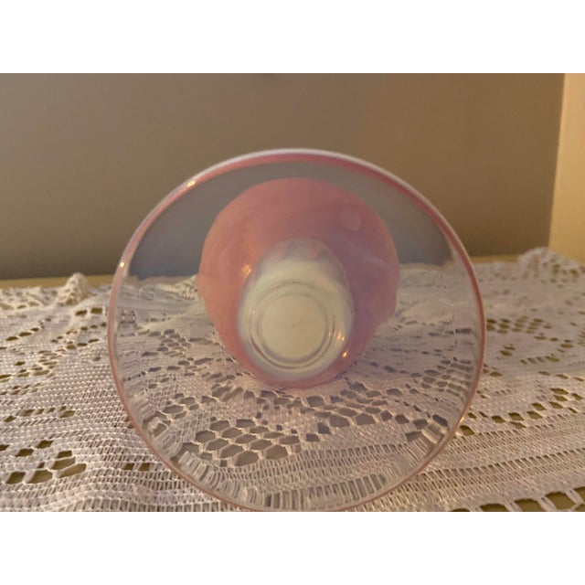Vintage Italian-Style Pink Opaline Glass Trumpet Vase With Iridescent Pedestal For Sale - Image 6 of 9