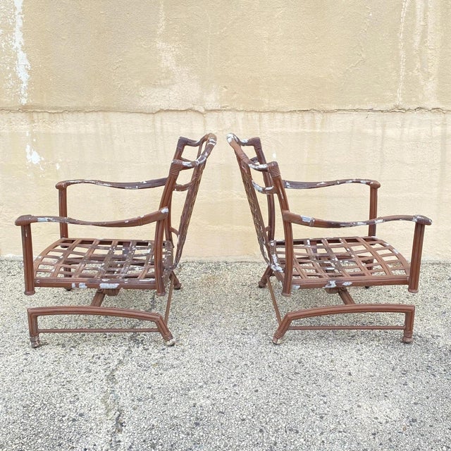Hollywood Regency Late 20th Century Cast Aluminum Basket Weave Lattice Patio Outdoor Rocking Lounge Chairs - A Pair For Sale - Image 3 of 10