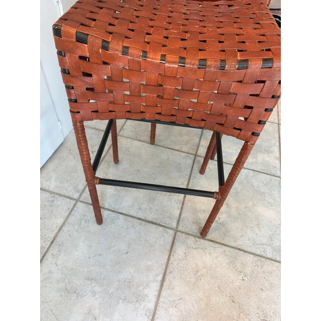 Vintage Woven Saddle Leather Bar Stools - A Pair For Sale - Image 11 of 13