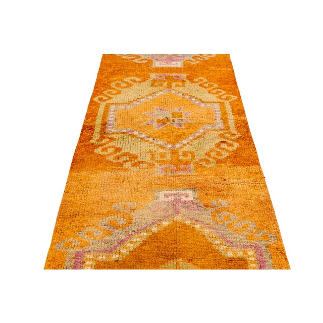 Vintage Handmade Turkish Wool Runner in Orange With Star Medallions Design For Sale - Image 10 of 10