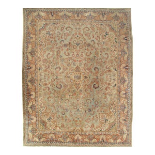 Antique Mahal Rug, Handmade Oriental Rug, Pale Green, Rust and Navy Blue For Sale
