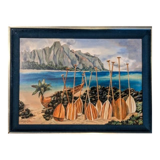 1980s Original Watercolor by Peggy Chun "Spirit of the Paddles" - Hawaiian Canoe (Wa'a) and Paddles (Hoe) For Sale