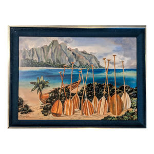 1980s Original Watercolor by Peggy Chun "Spirit of the Paddles" - Hawaiian Canoe (Wa'a) and Paddles (Hoe)
