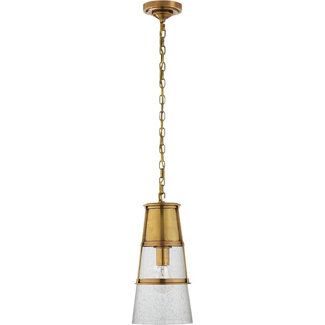 Thomas O'Brien for Visual Comfort Signature Robinson Medium Pendant in Hand-Rubbed Antique Brass with Seeded Glass For Sale