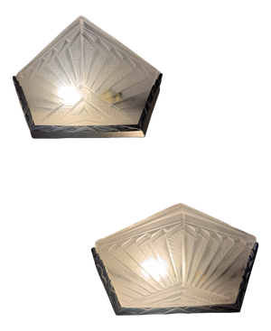 Art Deco Wall Lights in Pressed Glass and Nickel-Plated Bronze, Set of 2