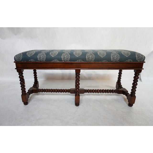 English Wood Jacobean Bench With Custom Upholstered Seat For Sale - Image 3 of 9