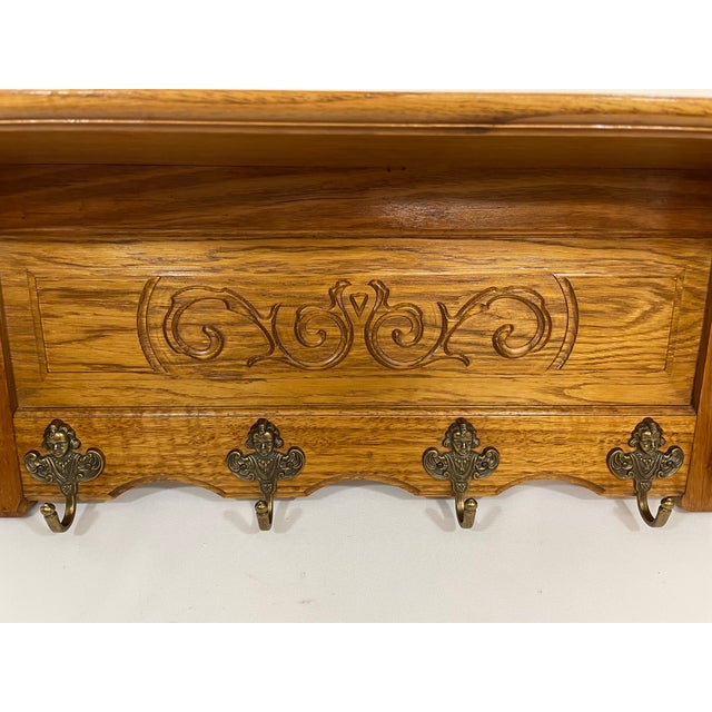 Vintage French Tiger Oak 27" Wall Shelf Coat and Hat Rack For Sale - Image 6 of 17