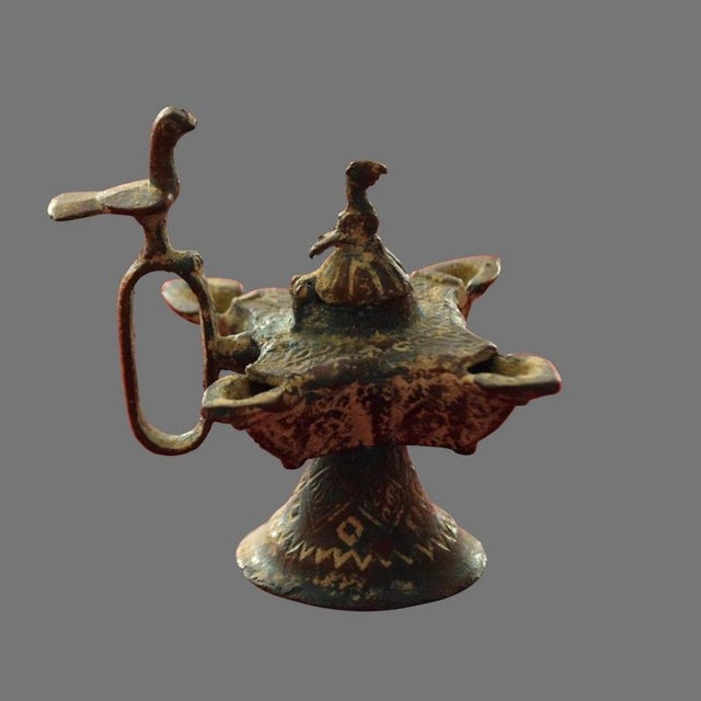 2000 - 2009 14th Century Islamic Copper Alloy Oil Lamp with Bird Handle For Sale - Image 5 of 9
