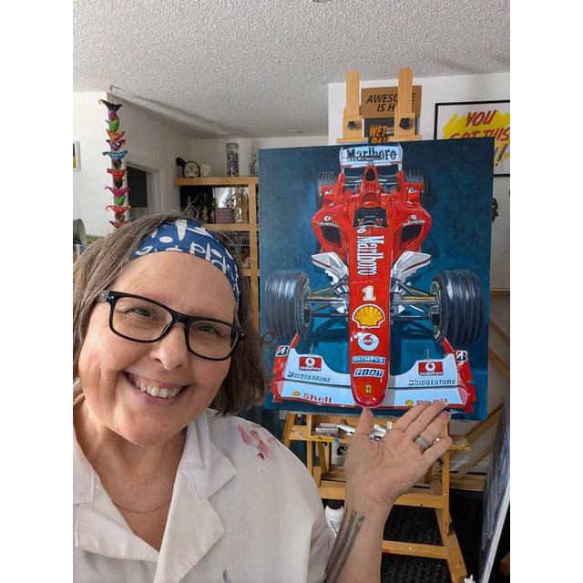 Contemporary I always thought that records were meant to be Broken by Shan Fannin | Acrylic on canvas of a red Ferrari F2004 race car For Sale - Image 3 of 5