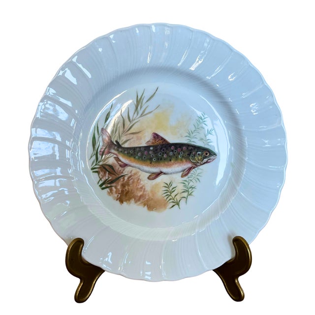 Porcelain Fish Plates Service for 12 with Hand-Painted Freshwater Fish from Limoges, France, 1930s, Set of 12 For Sale - Image 10 of 11