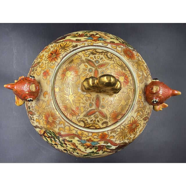 Grand 14" Jeweled Japanese Satsuma-Style Moriage Lidded Urn - Immortal Koi Handles For Sale - Image 17 of 18