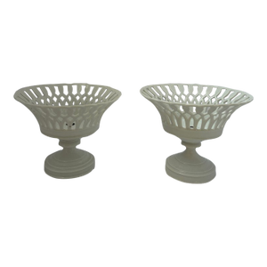 Two Similar White Openwork Porcelain Pedestal Compotes