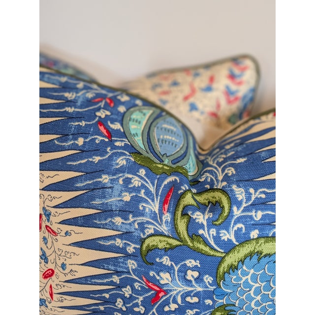 Textile Quadrille Les Indiennes Lumbar Pillows in Blue, Rouge and Green With Green Cord For Sale - Image 7 of 7