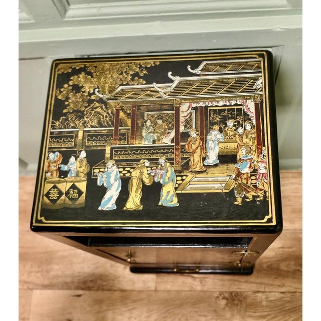 Black Lacquered and Lucky Decorated Chinoiserie Side Cupboard, 1920 For Sale - Image 3 of 7