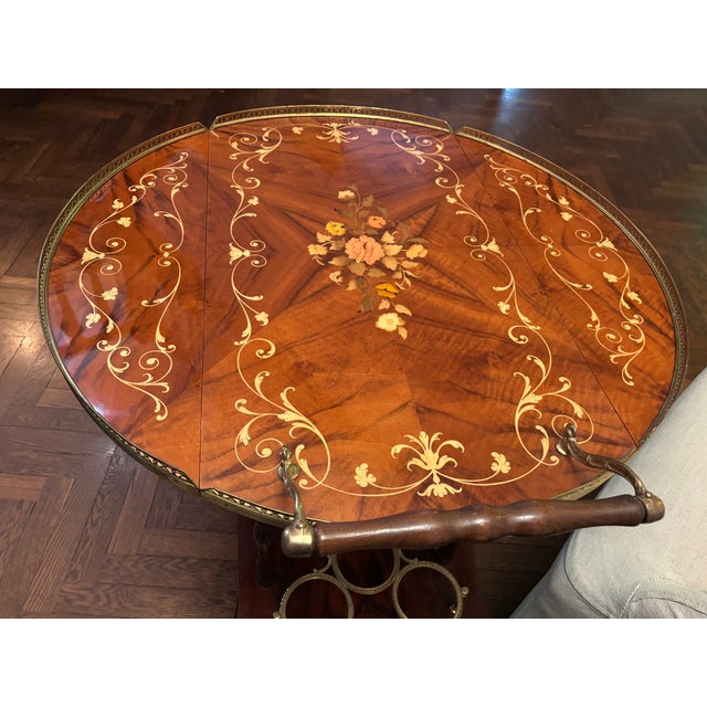 Wood Vintage Italian Marquetry Bar/Tea or Server Cart With Inlaid Wood and Two Drop Leaves, Mid-Century For Sale - Image 7 of 17