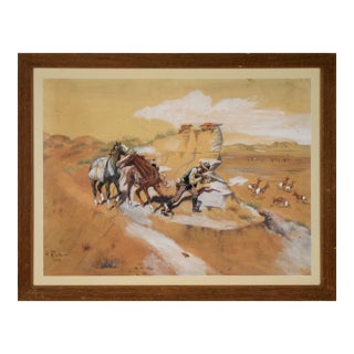 Cowboy Hunting Pronghorn Deer ("American Antelope") in Watercolor and Gouache by H. Rich For Sale