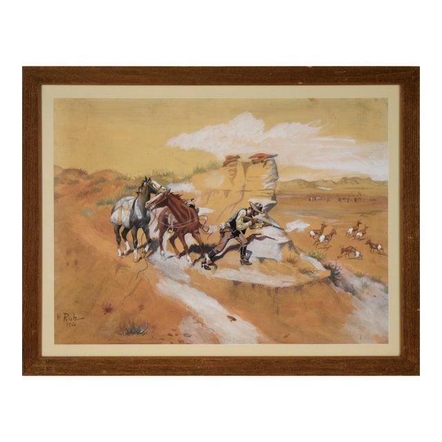 Cowboy Hunting Pronghorn Deer ("American Antelope") in Watercolor and Gouache by H. Rich For Sale
